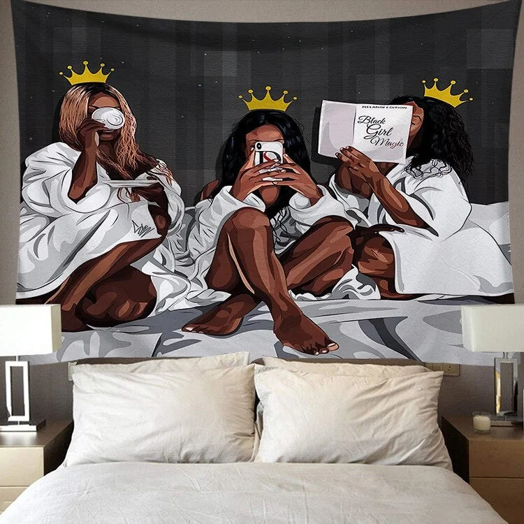 Black Art Tapestry Afro African American Woman Couple Red Wine Love Meditation Hippie Hip Hop Girl Wall Hanging Cloth Tapestries