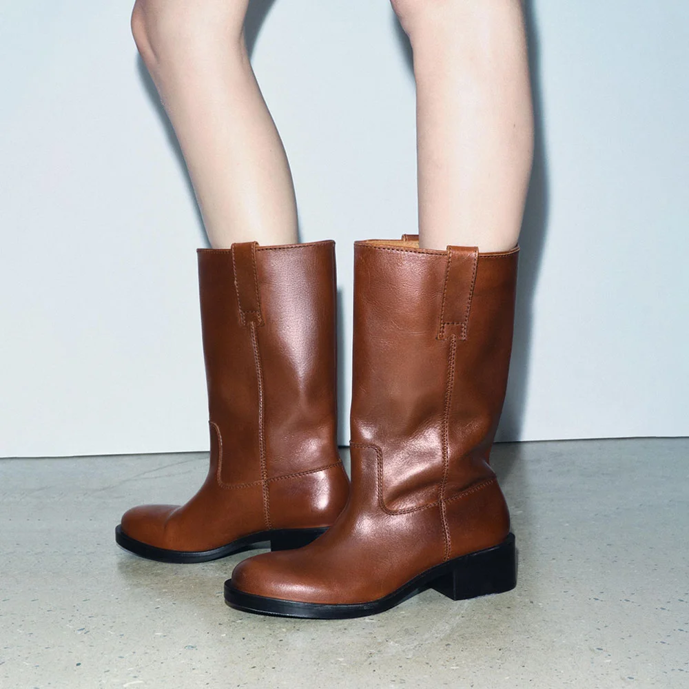 Classic Brown Round Toe Chunky Heel Pull Strap Wide Mid Calf Boots