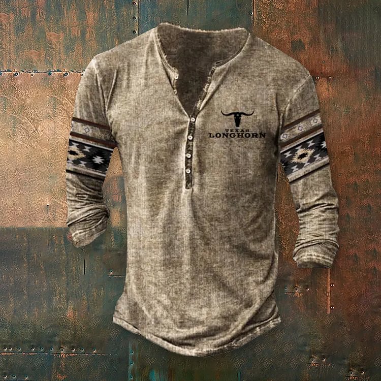 BrosWear Vintage Bull Head Letter Print Henry T-Shirt