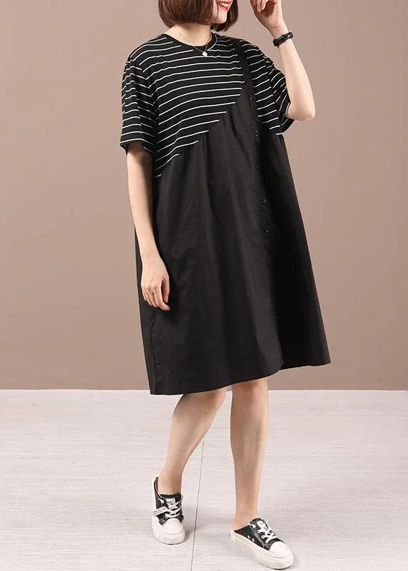 Style Black Patchwork Striped Summer Cotton Dresses Short Sleeve