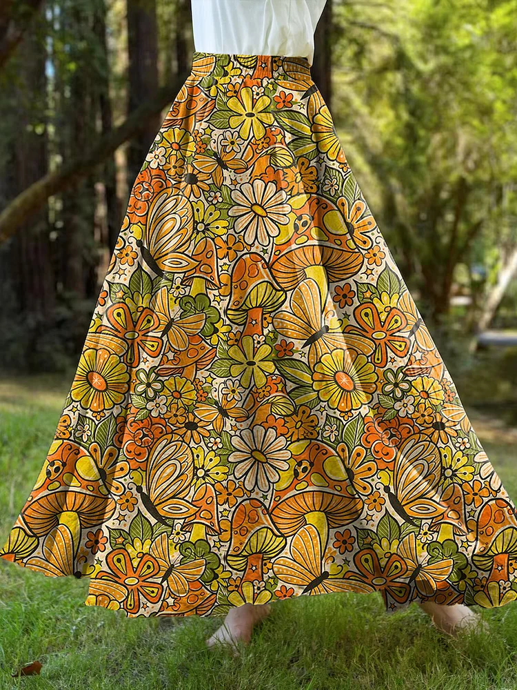 Women's Vintage Summer Boho Flower Mushrooms Print Skirt​