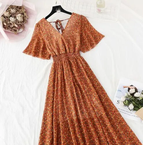 2020 Slim V Neck Summer Midi Long Dress Vestido Party Short sleeve Chiffon dress Women Casual Elegant print A-Line Vestidos