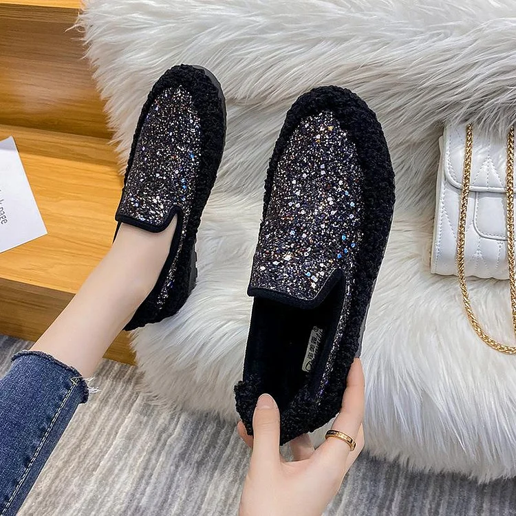 Furry Outer Wearing Flats Loafers Bling Decor Backless  Wild Fluffy Flat Mules Warm flats sneakers glitter winter QueenFunky