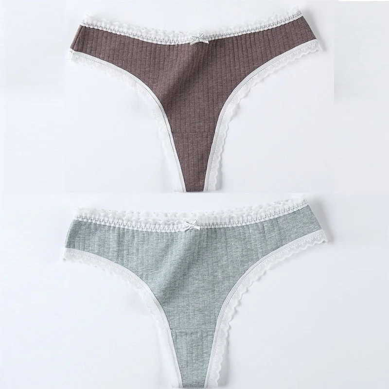 2 Pieces Women Panties Thongs Cotton Striped Underwear Comfortable Cute Low-Rise Ladies G-String Briefs Sexy Kawaii Lingerie
