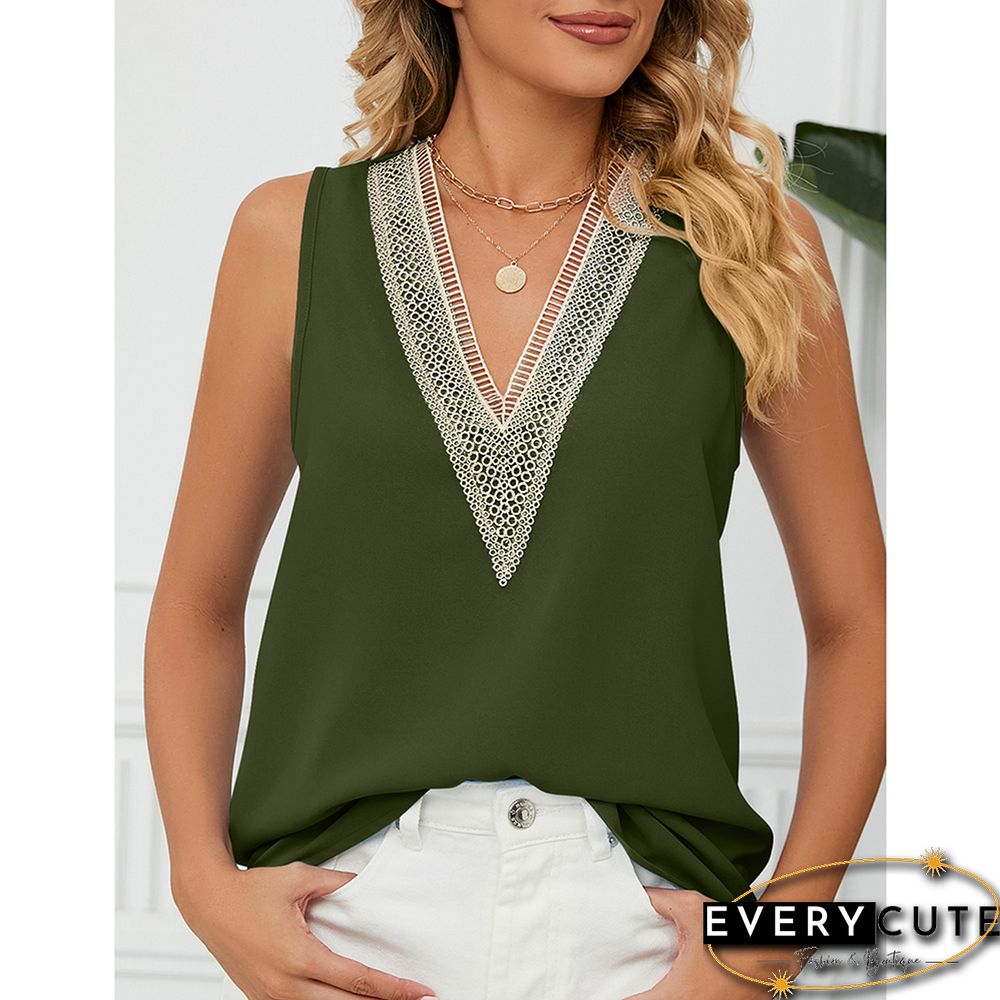 Army Green Lace Trim Sleeveless V Neck Tank Top