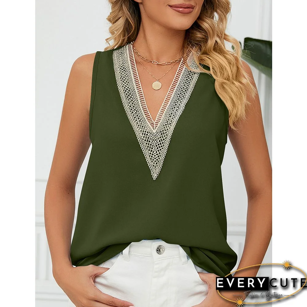 Army Green Lace Trim Sleeveless V Neck Tank Top