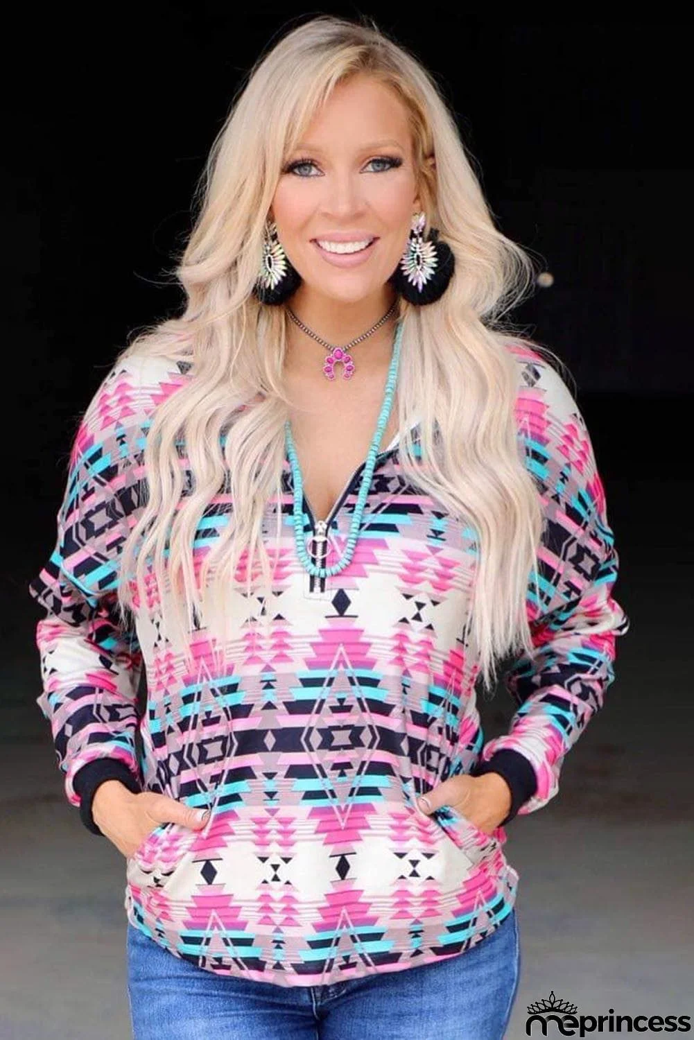 Multicolor Western Aztec Pattern Zipped Turn-down Collar Sweatshirt