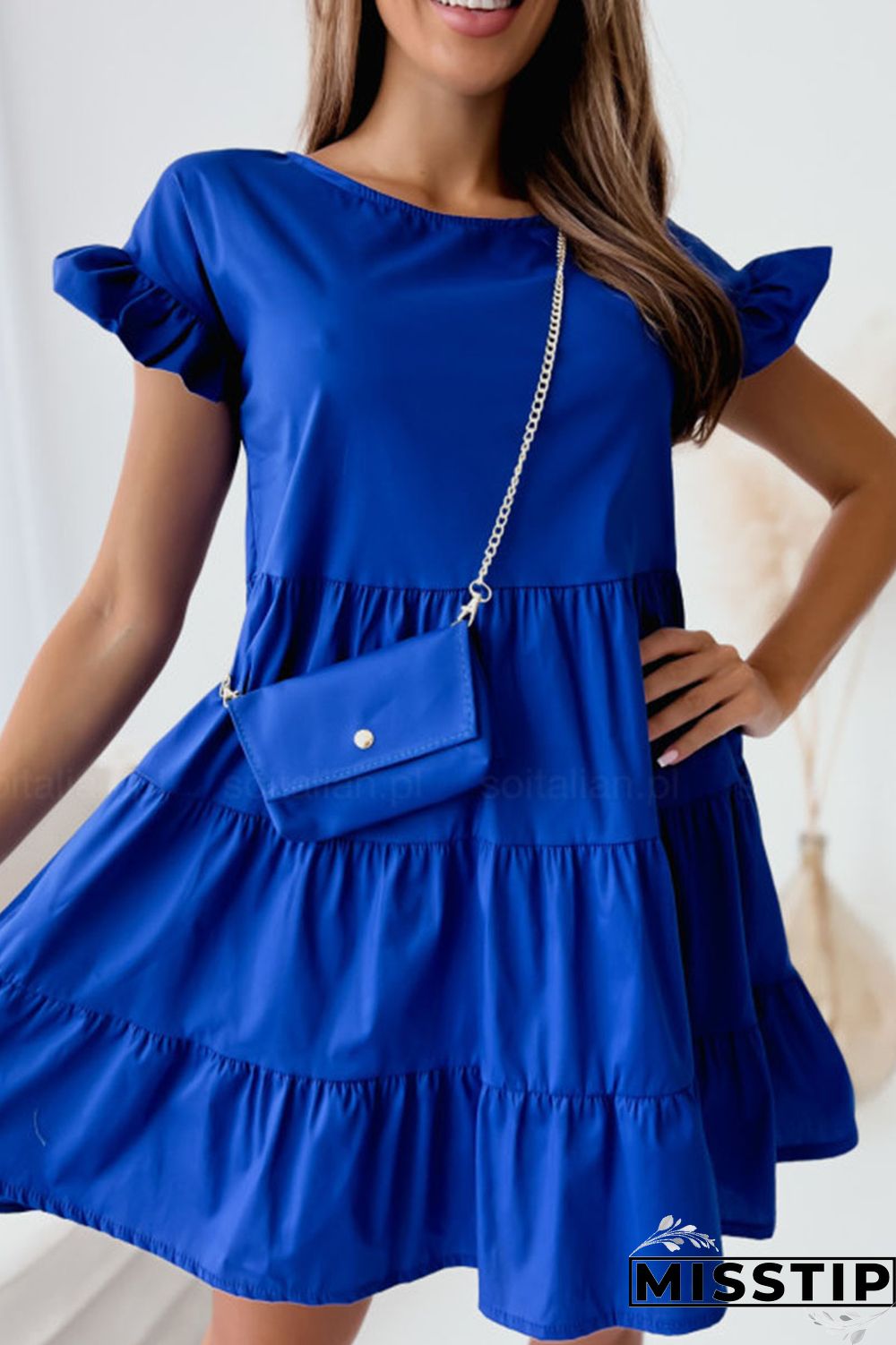 Blue Casual Solid Patchwork Fold Stringy Selvedge O Neck A Line Dresses