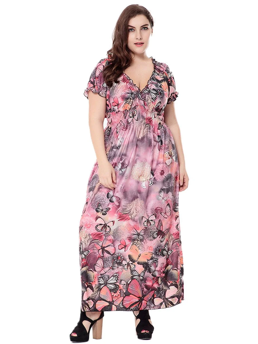 Plus Size Dress Short Sleeve Butterflies Print Maxi Long Dress