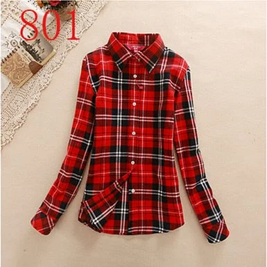 FEKEHA New Autumn Long Sleeve Womens Cotton Plaid Shirt Turn Down Collar Shirt Blusas Feminino Ladies Blouses Tops Fashion