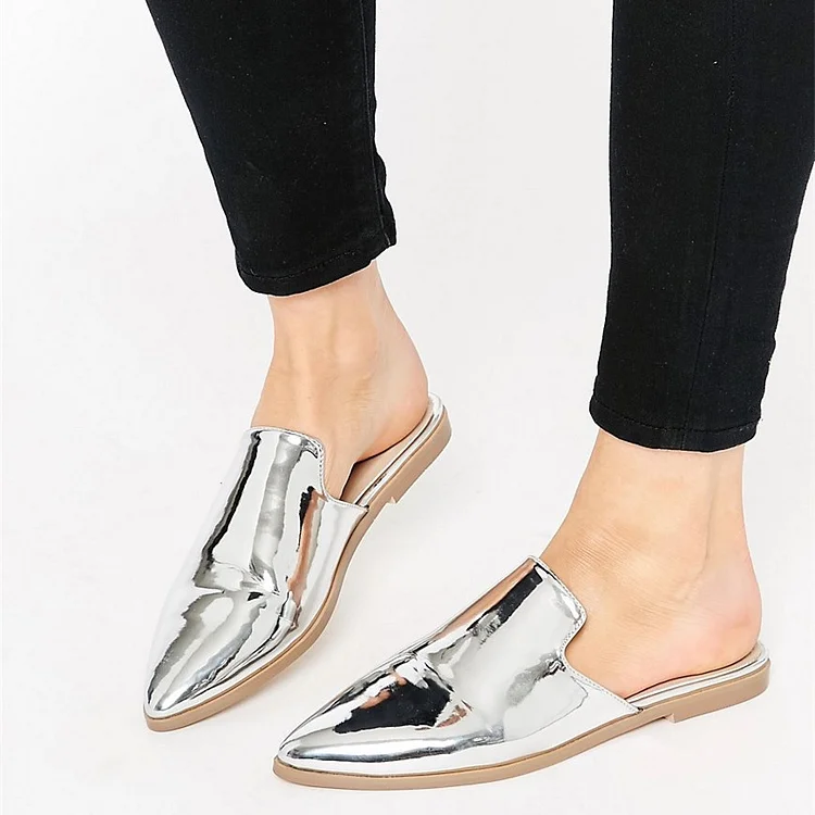 Stylish Metallic Silver Loafer Mules Pointed Toe Flats for Women |FSJ Shoes