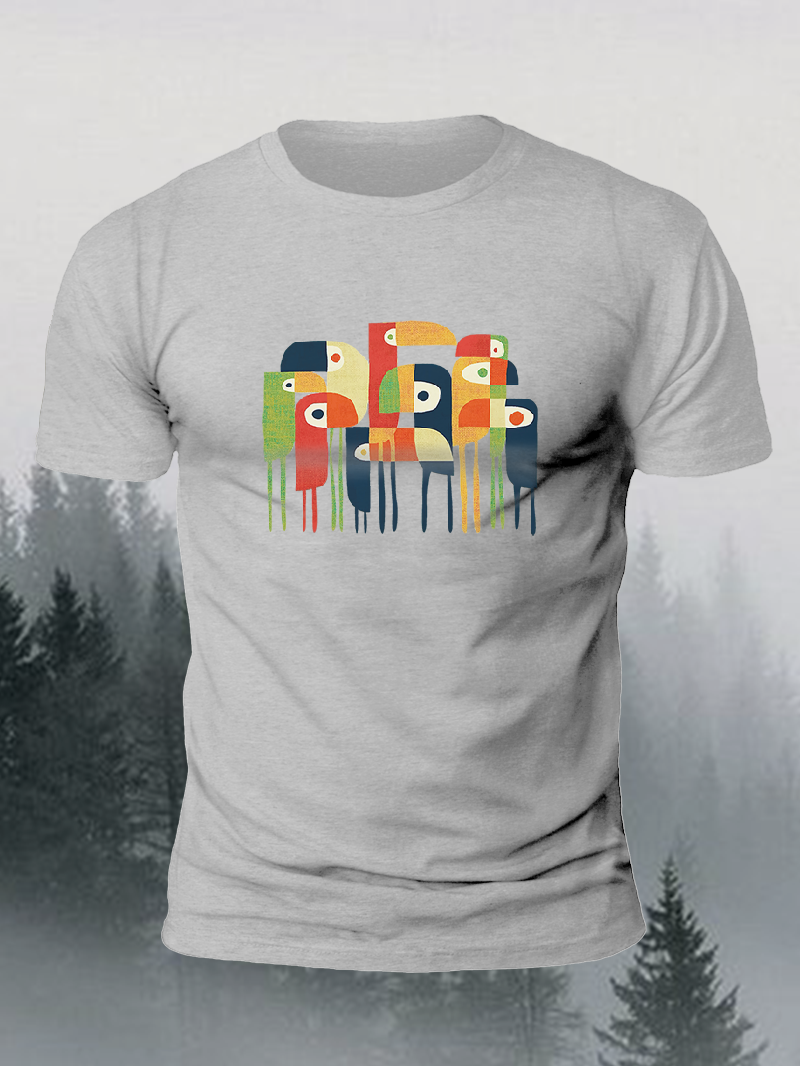 Men's Geometric Bird Family Short-Sleeved Shirt
