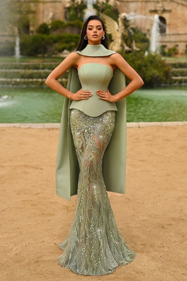 Lussooy Gorgeous Beaded Sequins Strapless Sleeveless Prom Dress with Scarf  