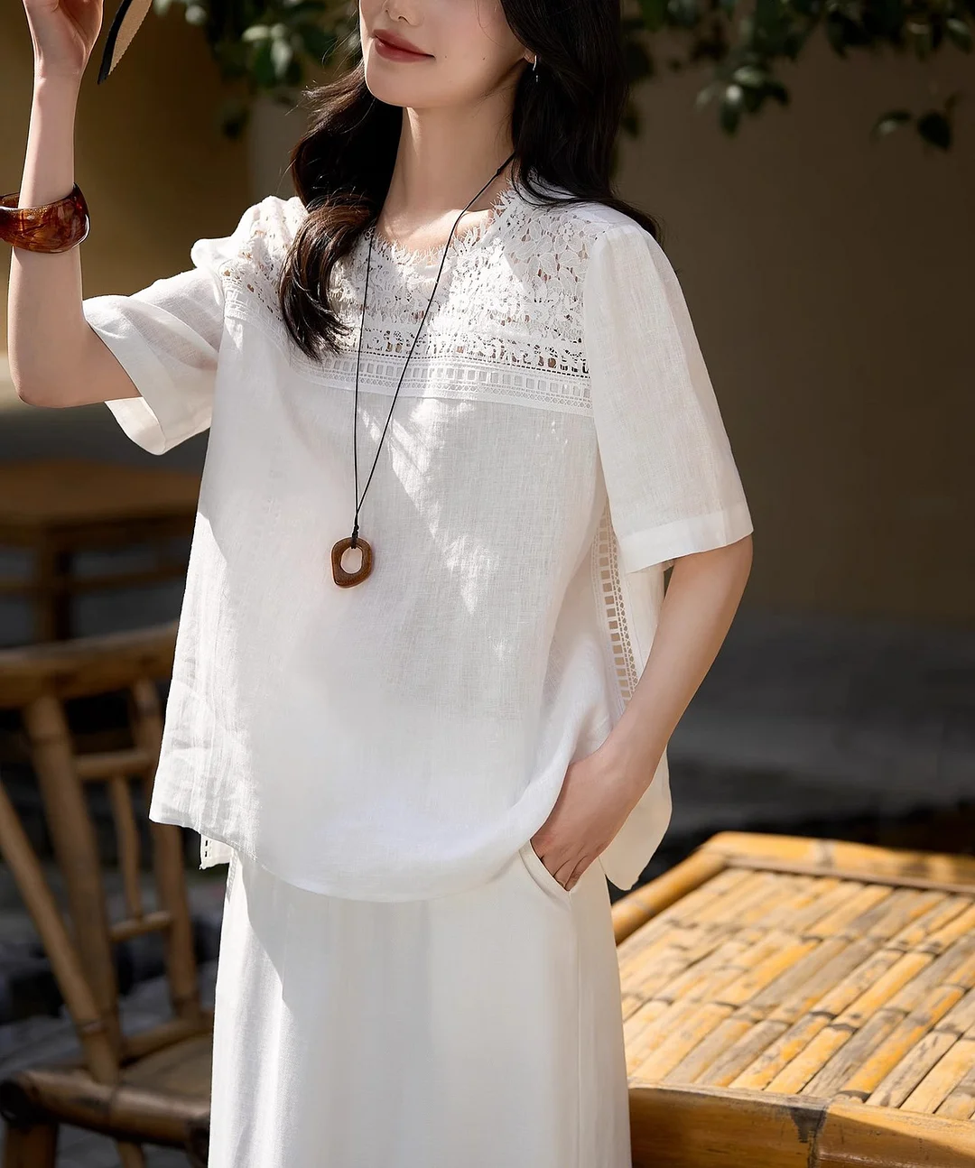 Athvotar Athvotar Dream Floating Heavy Industry Lace + Loose Short-Sleeved Collar Shirt Women's Top 25 Summer New Solid Loose Leisure Wind