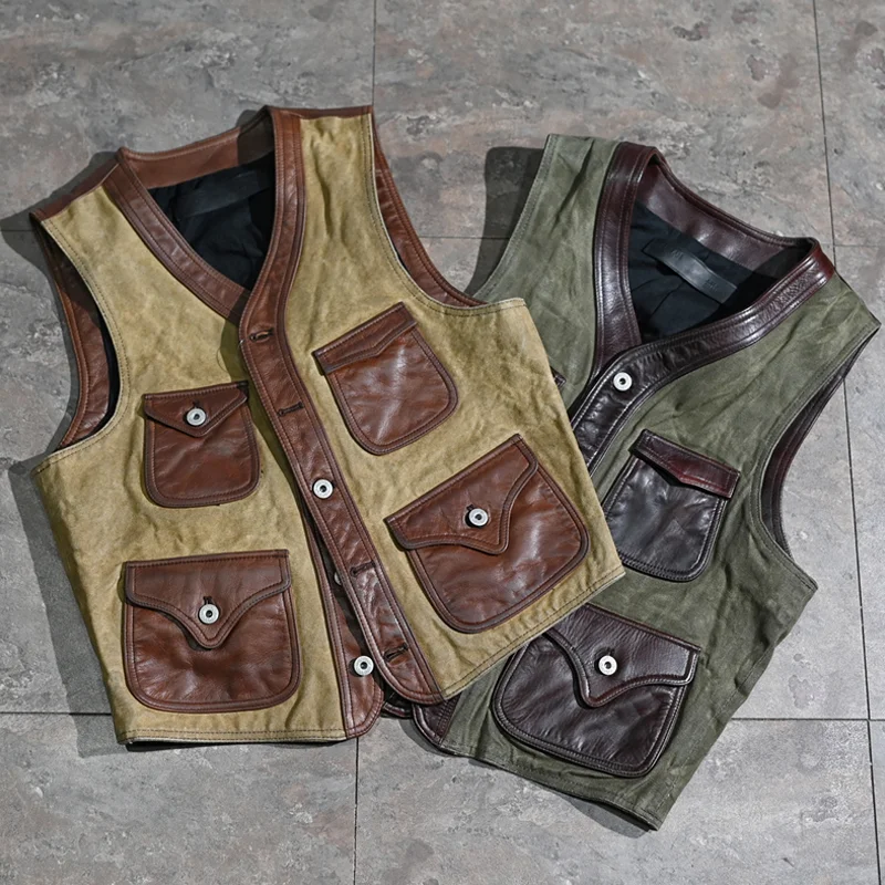 Retro Slim Oil Wax Sail Stitching Leather Casual Vest