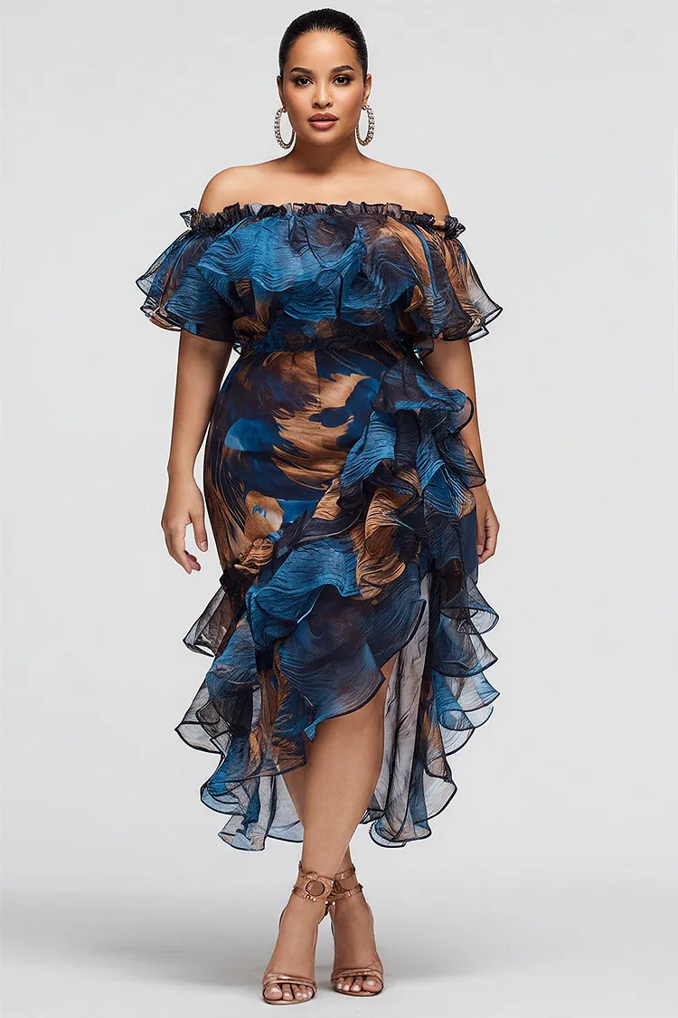 Xpluswear Design Plus Size Cocktail Party Blue Graphic Off The Shoulder Xpluswear Design Plus Size Cocktail Party Blue Graphic Off The Shoulder