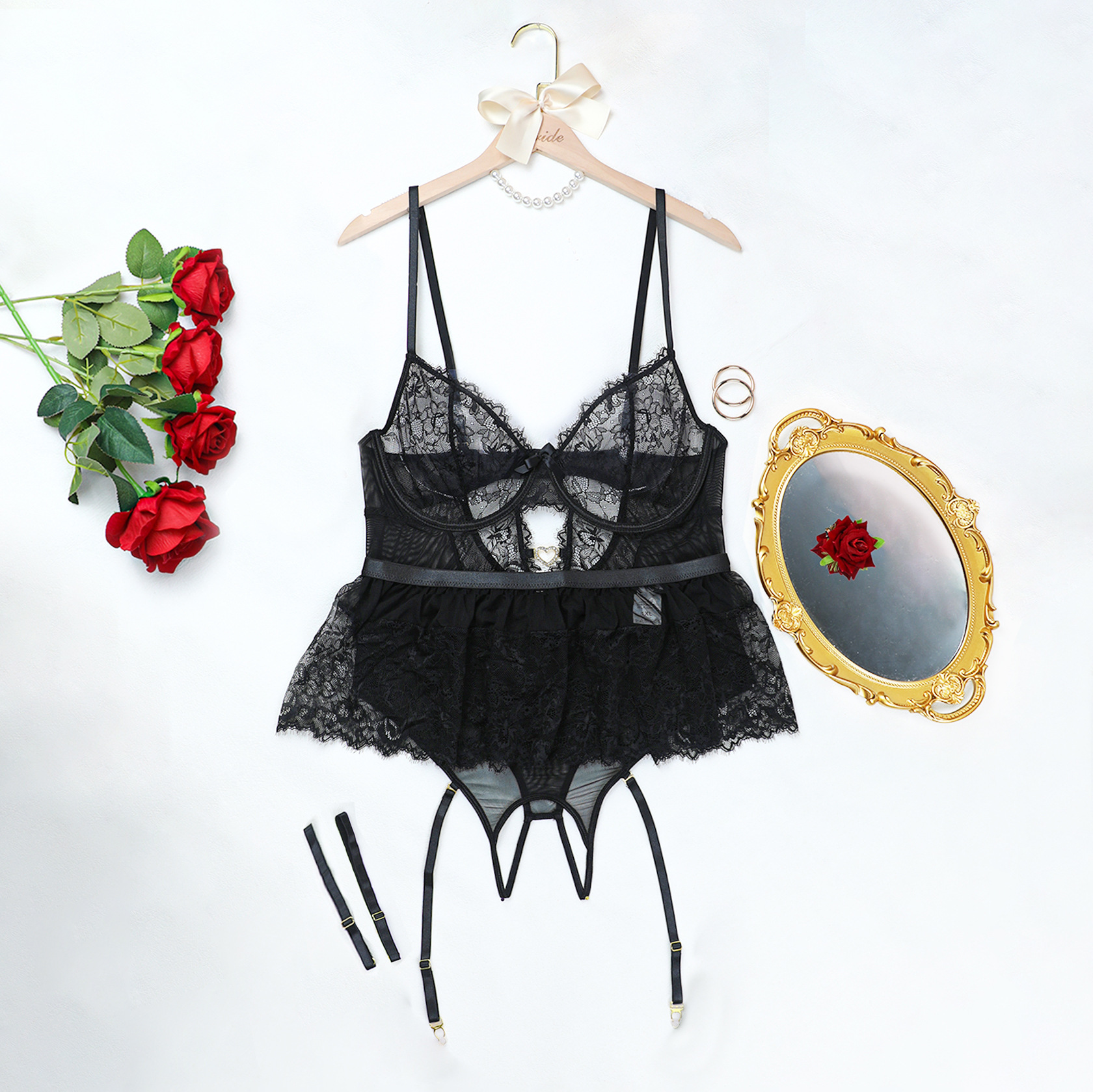 Lovingerie - Plus - Size Lace Trimmed Bra with Steel Boning and Garter Belt Sexually Arousing Lingerie Set