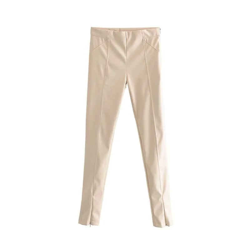 TRAF Women Vintage Stylish Faux PU Leather Skinny Pants Fashion Side Zipper Elastic Waist Stretch Slim Fit Female Ankle
