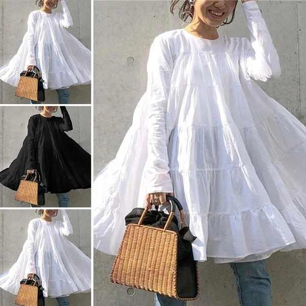 Plus Size Women Casual Loose Long Sleeve Ruffled Mini Dresses Solid Color Holiday T-shirt Dress Blouse Tops Robe Femme