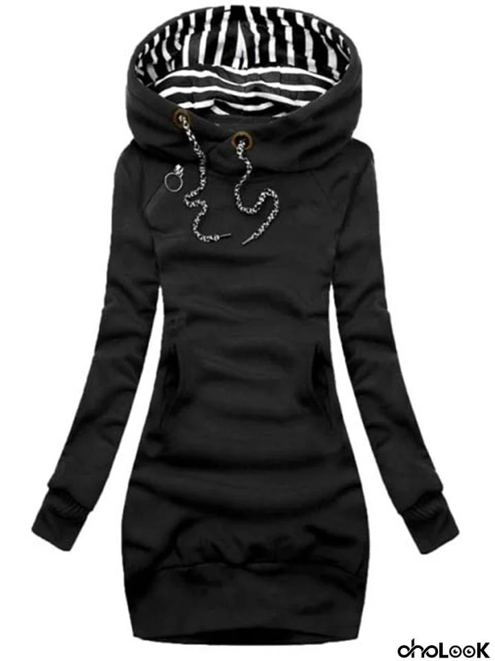 New Casual Pullover Striped Hooded Drawstring Slim Long Hoodies