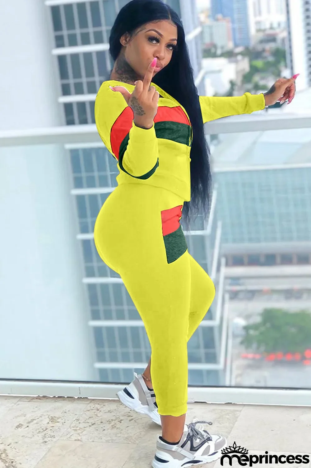 Blue Polyester Casual Two Piece Suits Patchwork Striped Straight Long Sleeve Two-piece Pants Set