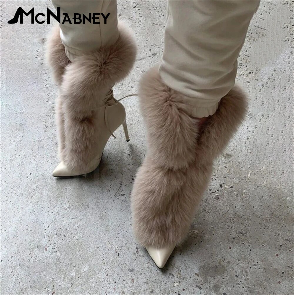 VCshoes Pointed Fur Boots Style Shoes Stiletto Shoes Boots Women Warm Fake Fur Brown Suede Leather Boots