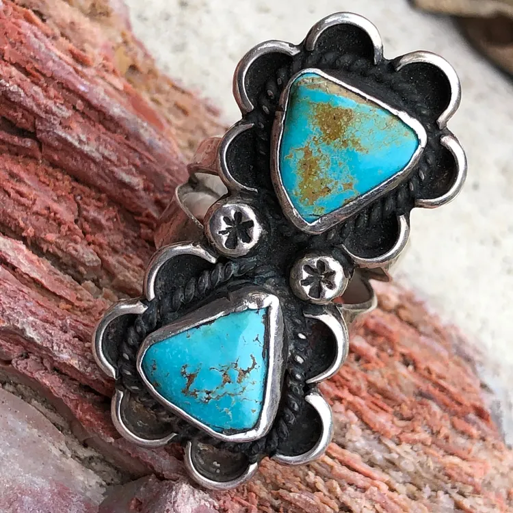 Triangle Turquoise Double Stone Signed Navajo Ring Sterling Silver Size 5.25