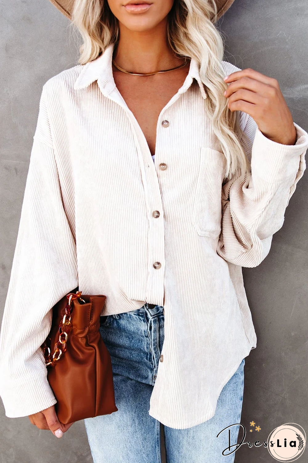 KarliDress Corduroy Button Down Pocket Top P12483