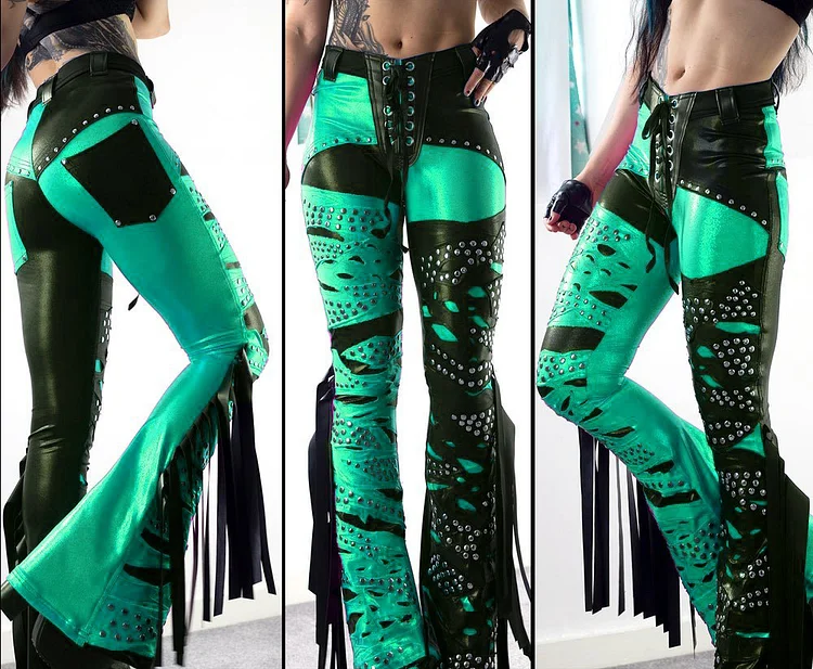GREEN/BLACK HEAVY RIVETED FRINGE FLARES
