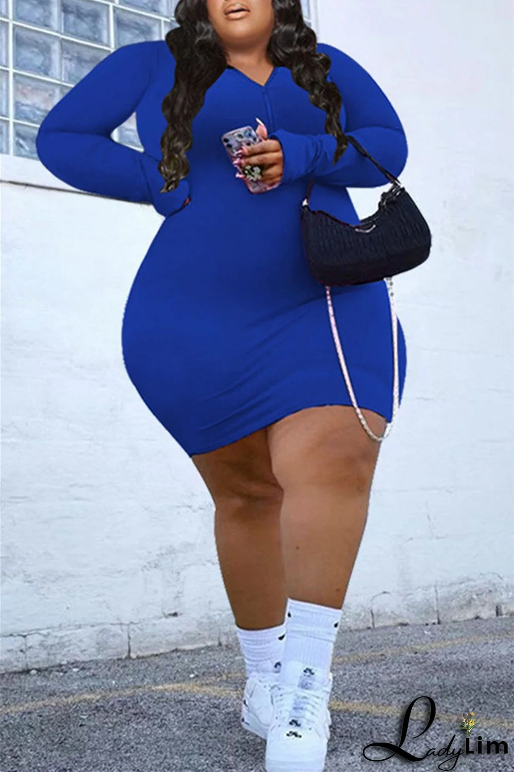 Burgundy Fashion Casual Solid Basic Zipper Collar Long Sleeve Plus Size Dresses