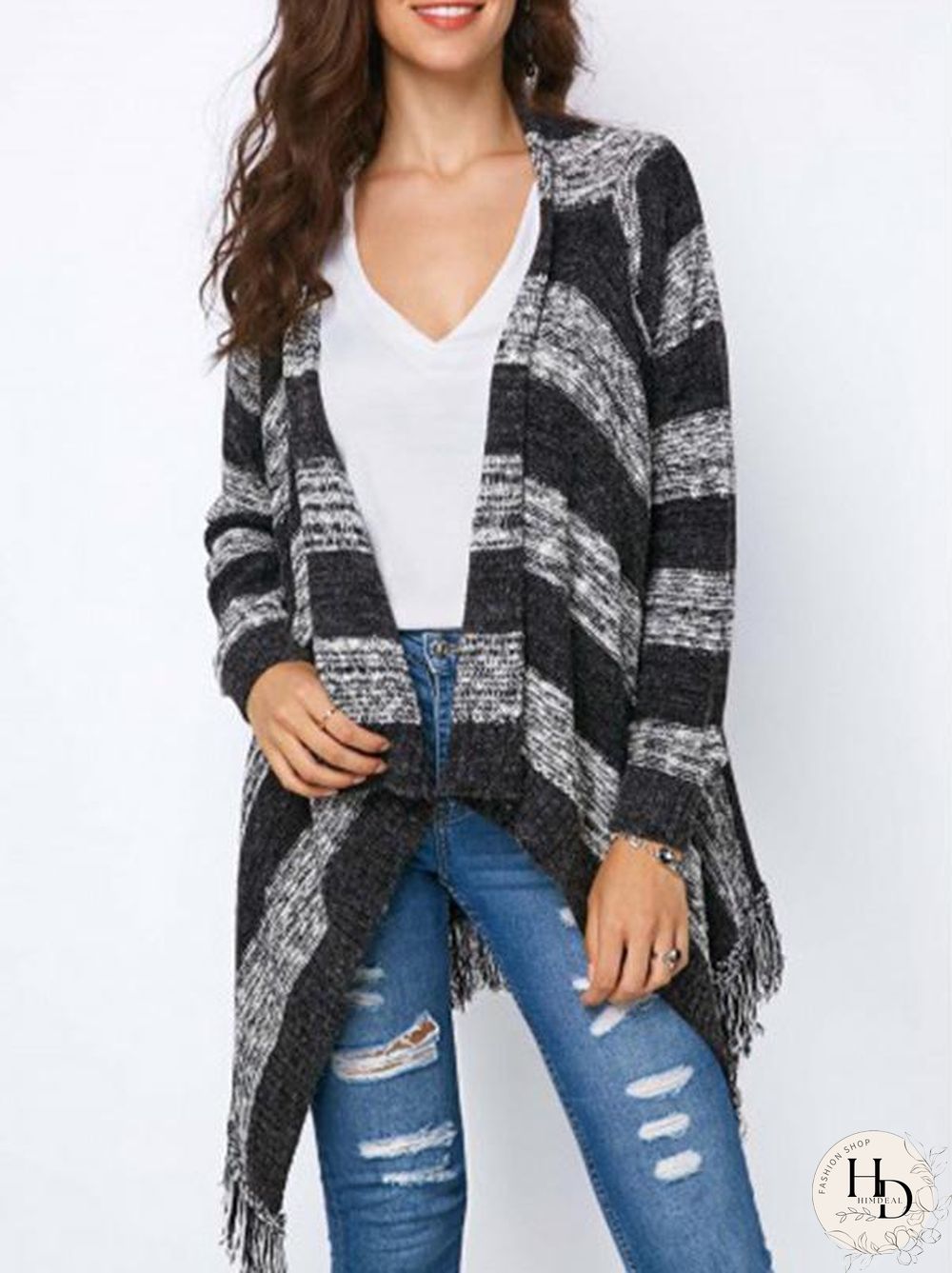 Fashion Knitting Tassels Striped Sweater
