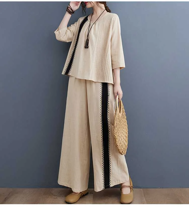 Loose Cotton Linen Long Sleeve Top and Wide Leg Pants Suits