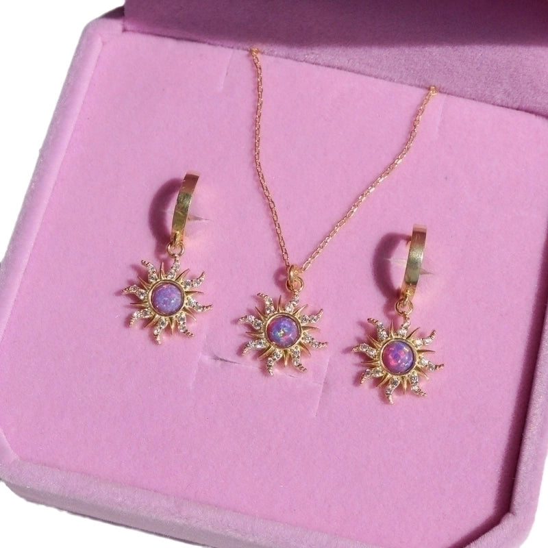 Copper Gold Plated Casual Minimalist Inlay Sun Artificial Opal Zircon Rings Earrings Necklace