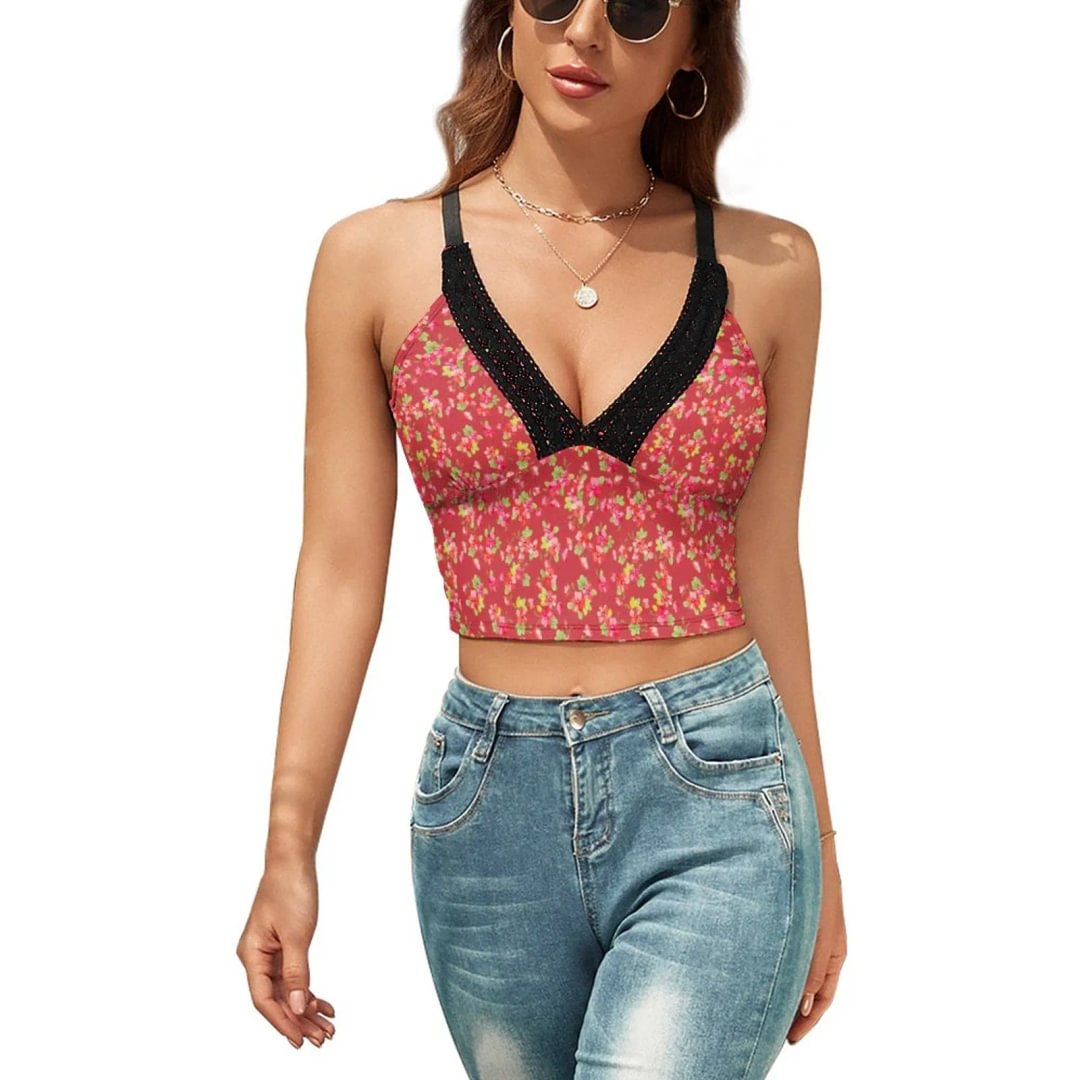 Floral Lace Sleeveless Vest Women's Printed Spaghetti Adjustable Strappy Cami Tank Top