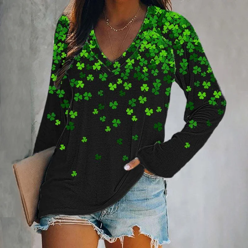 Clover Print V-Neck Long Sleeve T-Shirt