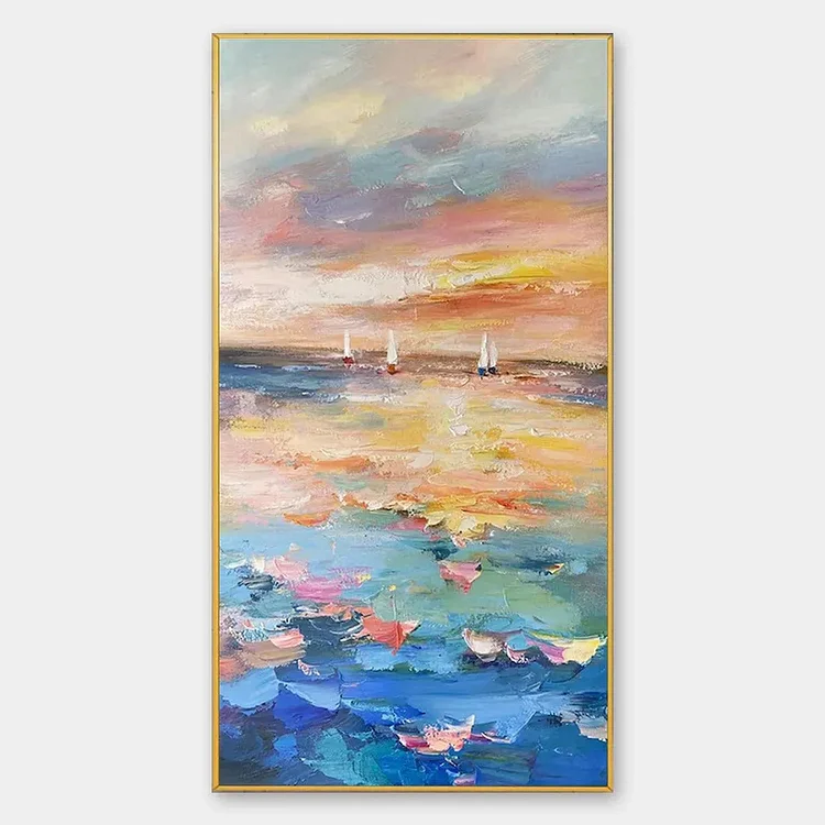 SAILING AT SUNSET: Colorful Seascape Painting, Textured Wall Art, Vertical Canvas, Beach Decor（Canvas painting）