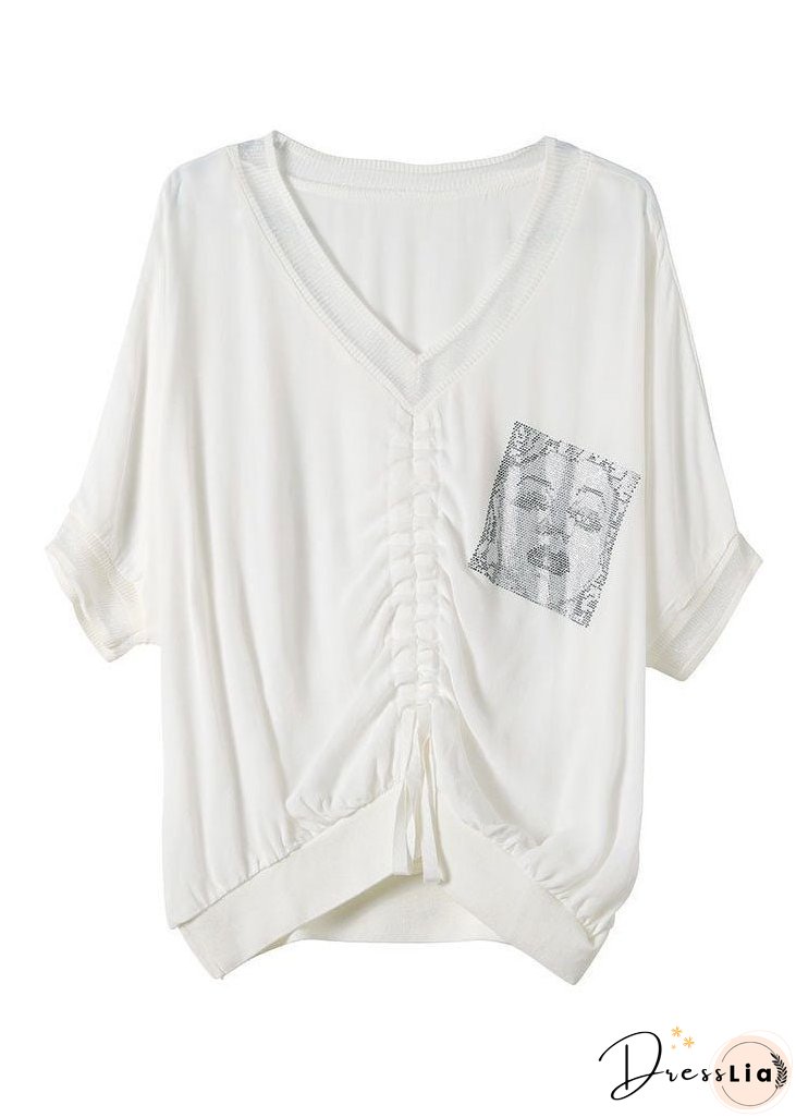 Natural White Oversized Print Wrinkled Chiffon Shirt Top Half Sleeve