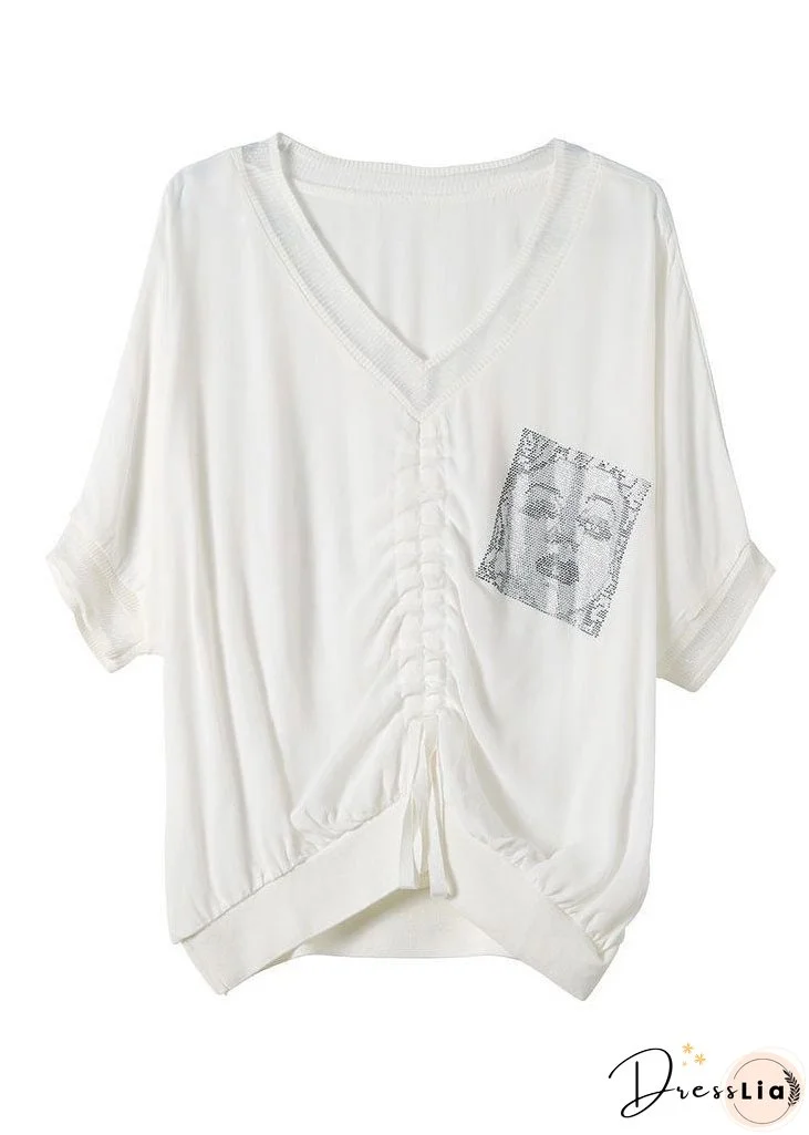 Natural White Oversized Print Wrinkled Chiffon Shirt Top Half Sleeve