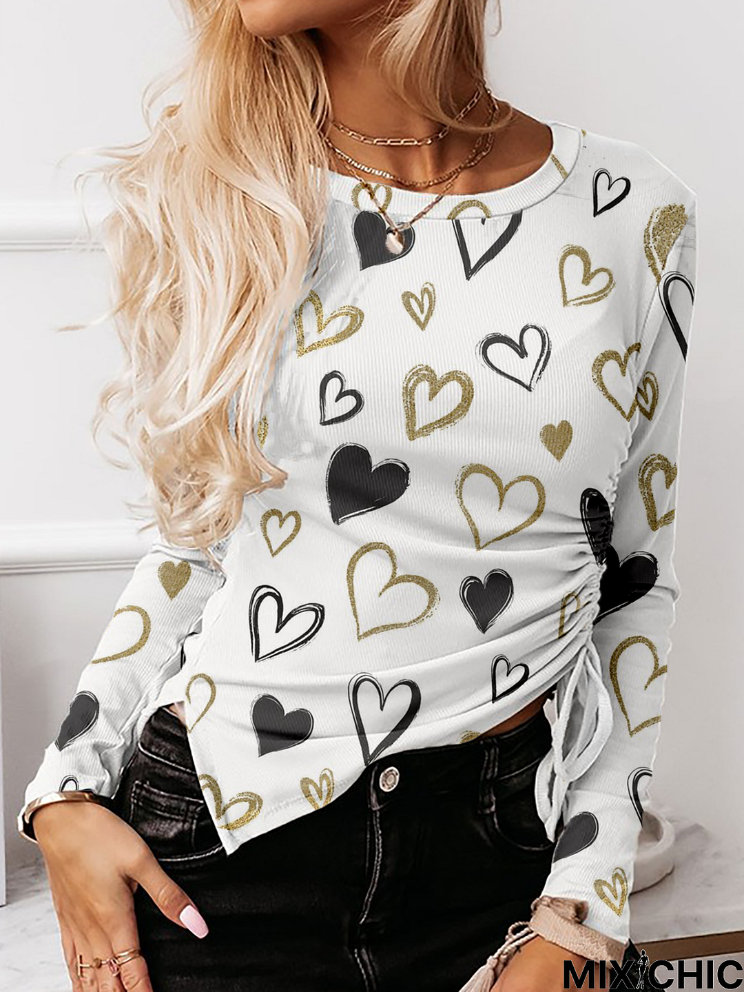 Casual Crew Neck Heart Drawstring T-Shirt