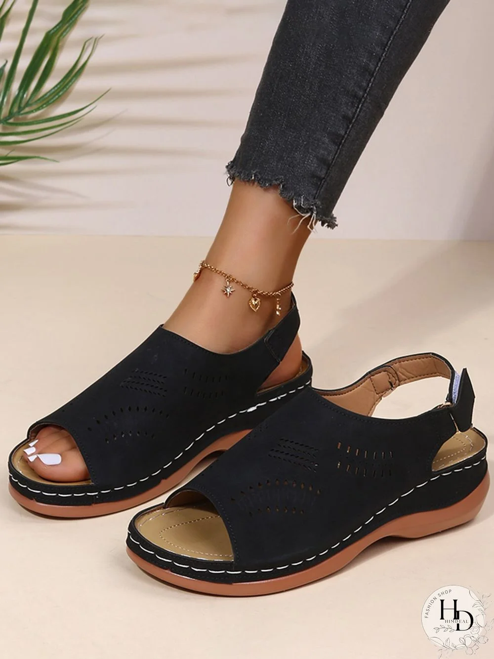 Cutout Velcro Vintage Casual Velcro Wedge Sandals