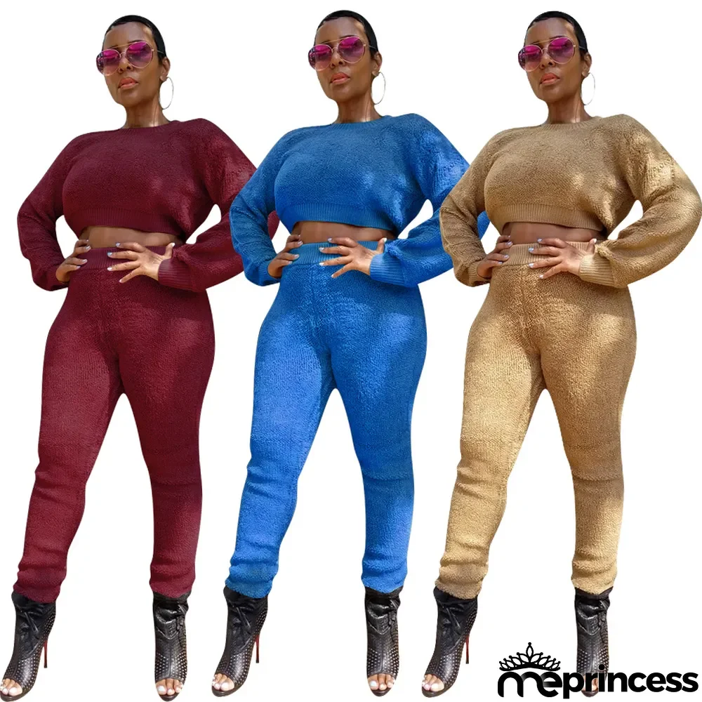 Solid Color Plush Long Sleeve Two Piece Suits