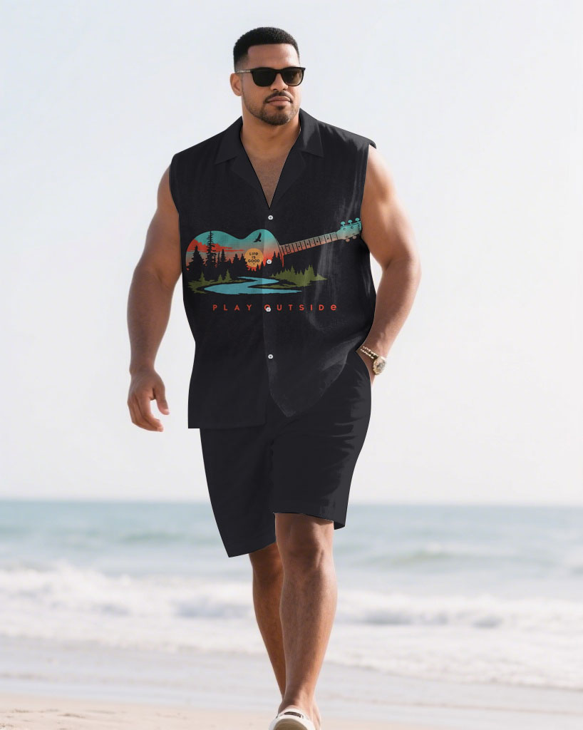 Hawaiian Men's Plus Size-Black Guitar Music Pattern Print Waistline Shirt Shorts Suit