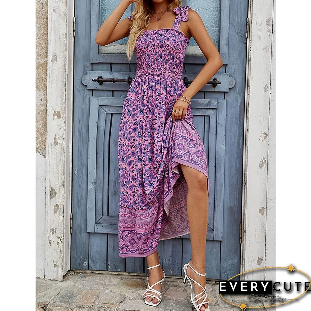 Purple Smocked Floral Print Boho Maxi Dress