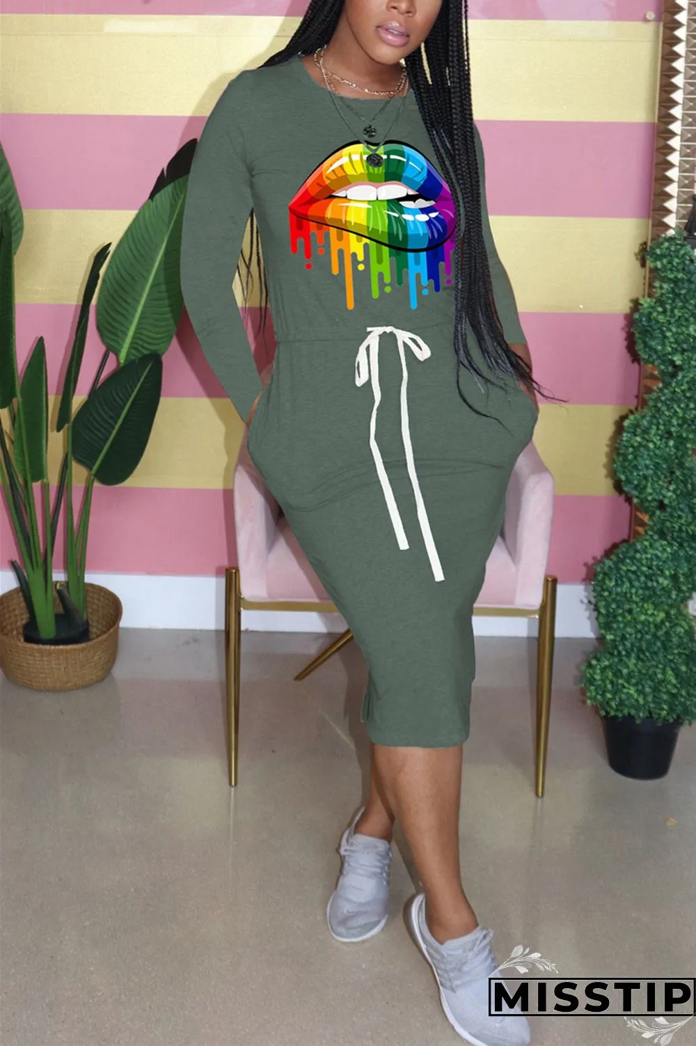 Dark green Fashion Casual Print Patchwork Draw String O Neck Printed Dresses