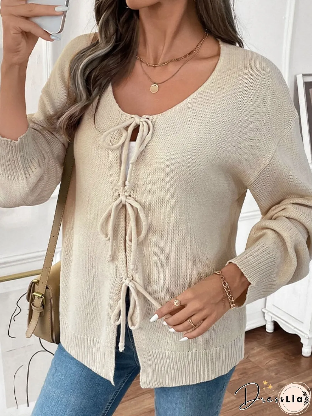 Perfee Tied Round Neck Long Sleeve Cardigan
