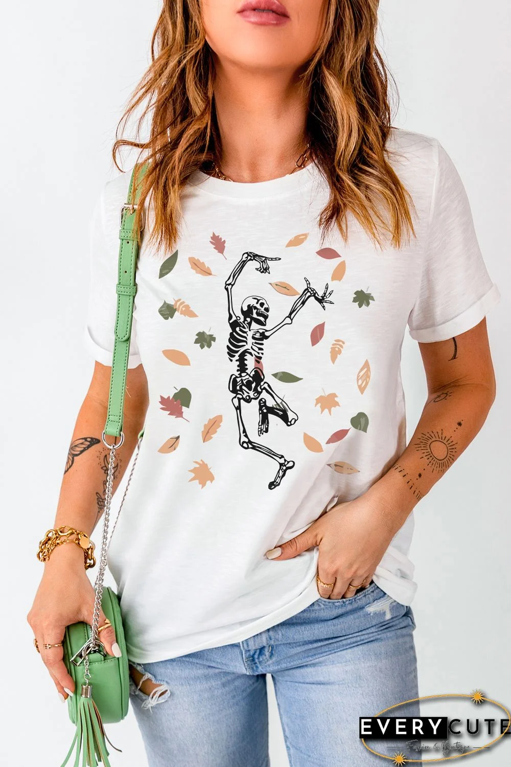 White Skeleton Leaves Graphic Print Short Sleeve T Shirt