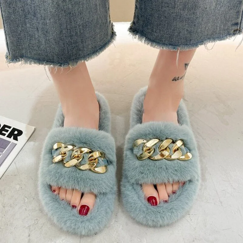 Summer Fluffy Women slippers Gold Chain Fur slippers Shoes Women Fox Fur Flip Flop Flat Furry Fur Slides Outdoor Sandals Woman