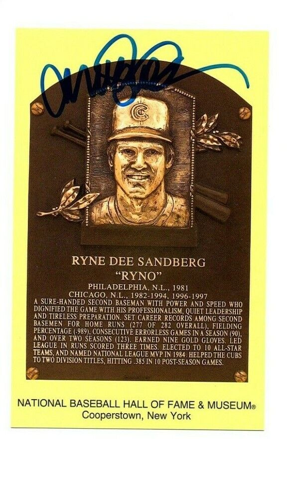 Ryne Sandberg Signed Hall Of Fame Plaque Postcard HOF 05 Autograph Chicago Cubs^