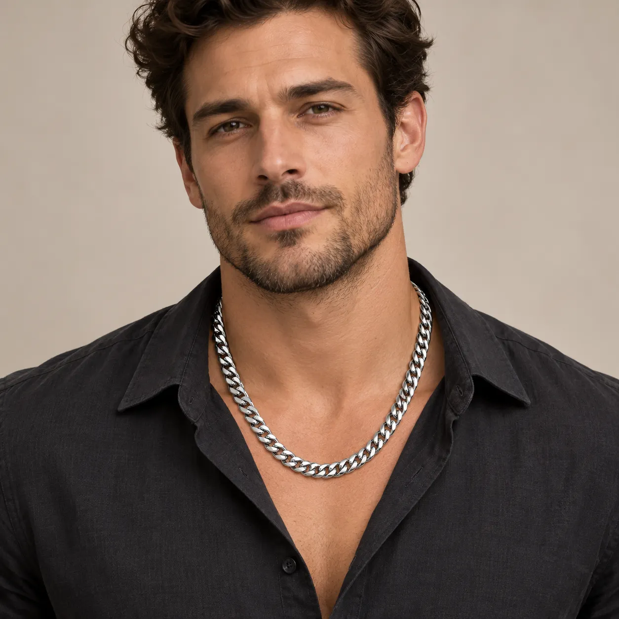  Silver-Tone Titanium Steel Miami Cuban Link Necklace for Men & Women, 8&ndash;14mm