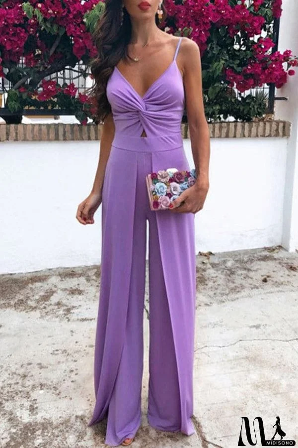 MidiSono - Fashion Cut out Solid Color Suspender Jumpsuit